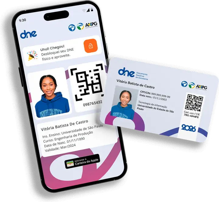 DNE no celular, no app do DNE, e a carteira física com foto, QR Code e código de uso